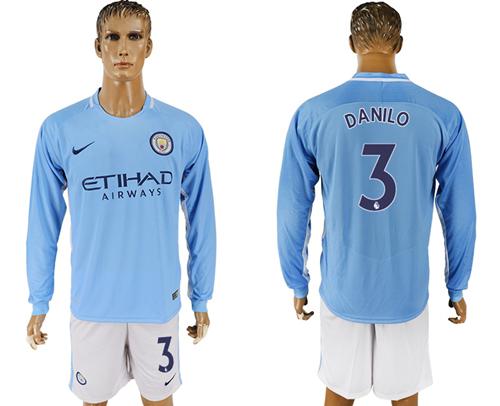 Manchester City #3 Danilo Home Long Sleeves Soccer Club Jersey